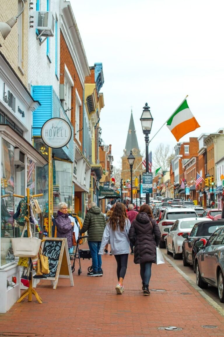 People shopping on a main street in Annapolis, Maryland